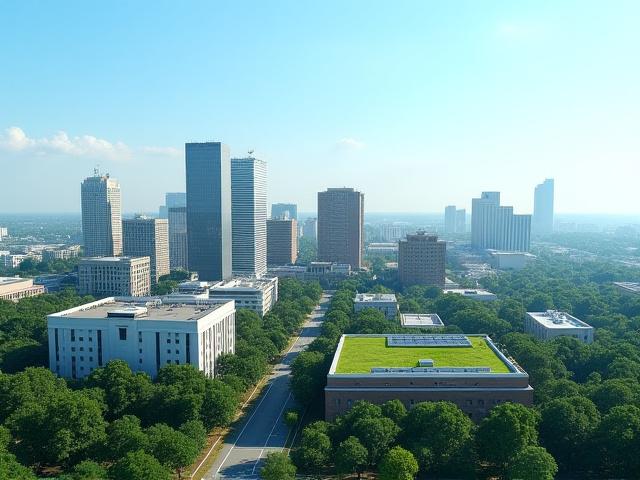 Columbia, SC skyline with green roofs and solar panels, showcasing urban sustainability
