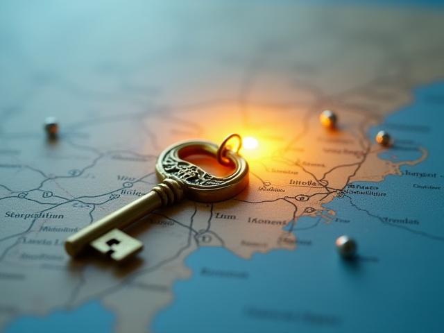 Conceptual image of a vintage key unlocking a stylized map of Columbia, SC, with property markers highlighted. Represents exclusive access to hidden real estate opportunities.