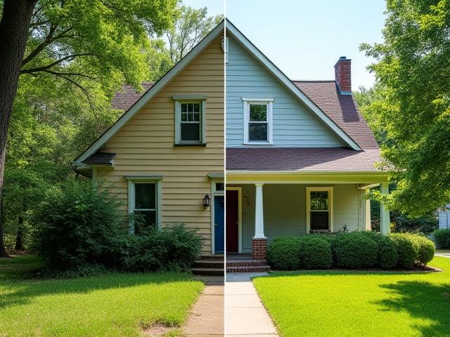 Renovated home exterior with new paint and landscaping, showing transformation