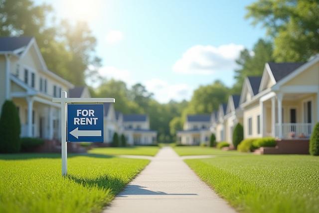 Visual representation of a rental property portfolio growing, transitioning from a 'for rent' sign to 'rented' and multiple properties stacking up.