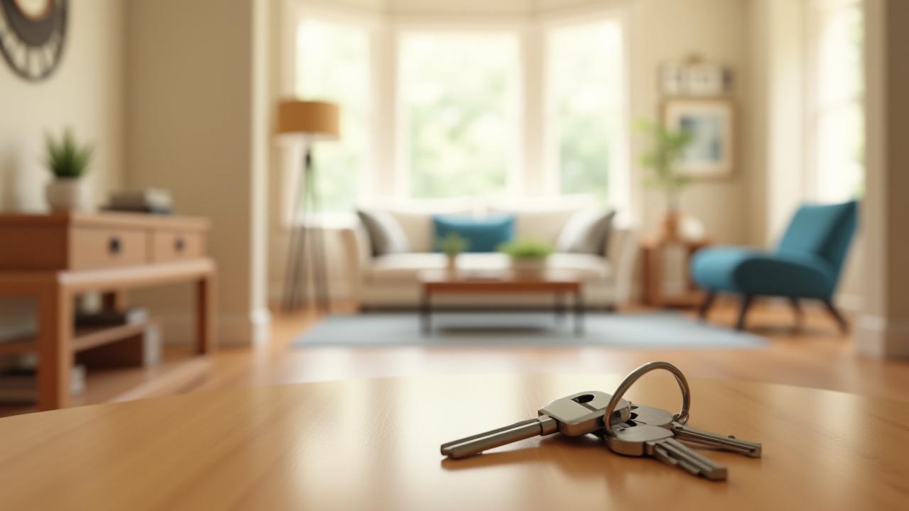 A set of shiny new house keys resting on a polished wooden counter inside a modern, well-maintained home, implying immediate readiness and ownership.