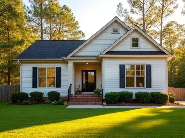 Exterior view of a modern 3 bed/2 bath single-family home in Northeast Columbia, SC, with a well-maintained lawn.